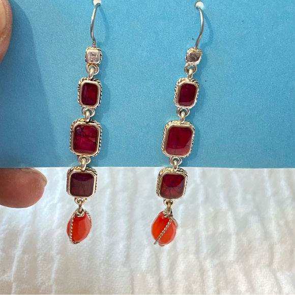 Liz Claiborne Silver Tone Simulated Red Stone Dangle Earings - Picture 4 of 9